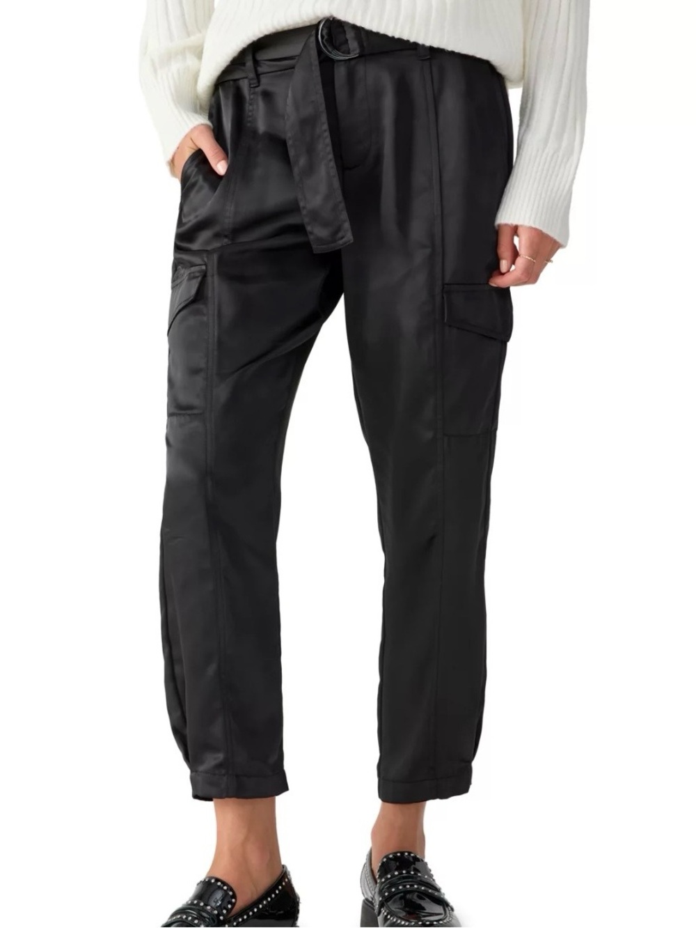Sanctuary Black Satin Cargo Trousers with Belt sz 28